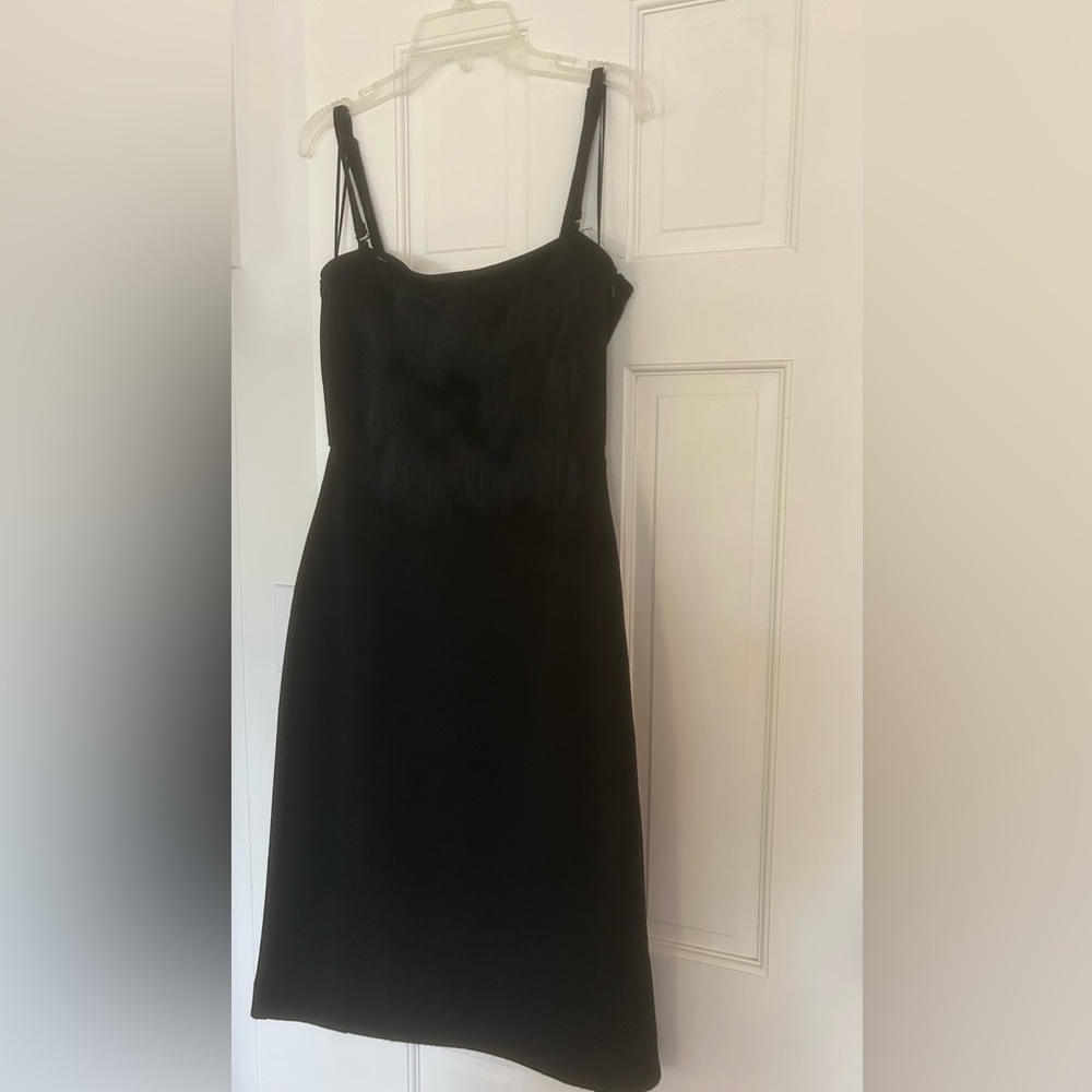 Black Banana Republic dress with fringe detailing